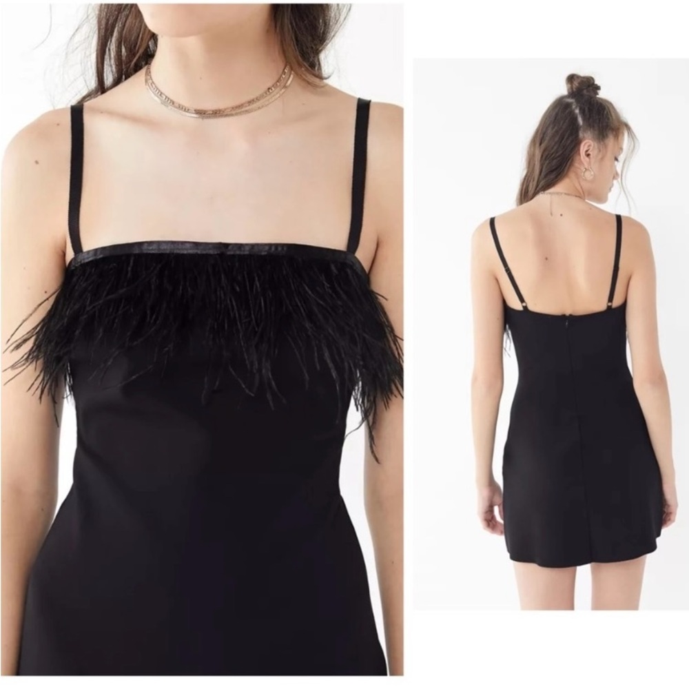 Chic Black Feather Trim Mini Dress Urban Outfitters Clarissa Size 12 - Picture 2 of 10